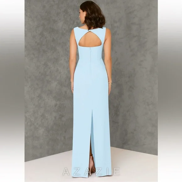 Sky Blue Sheath Square Neck Chiffon Dress - Picture 7 of 9